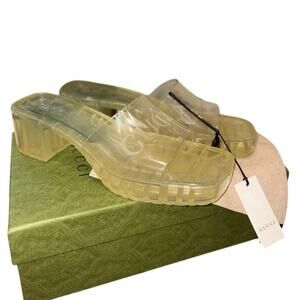 Gucci Logo Rubber Platform Slide Sandals Clear Jelly Size 40 New Full Set